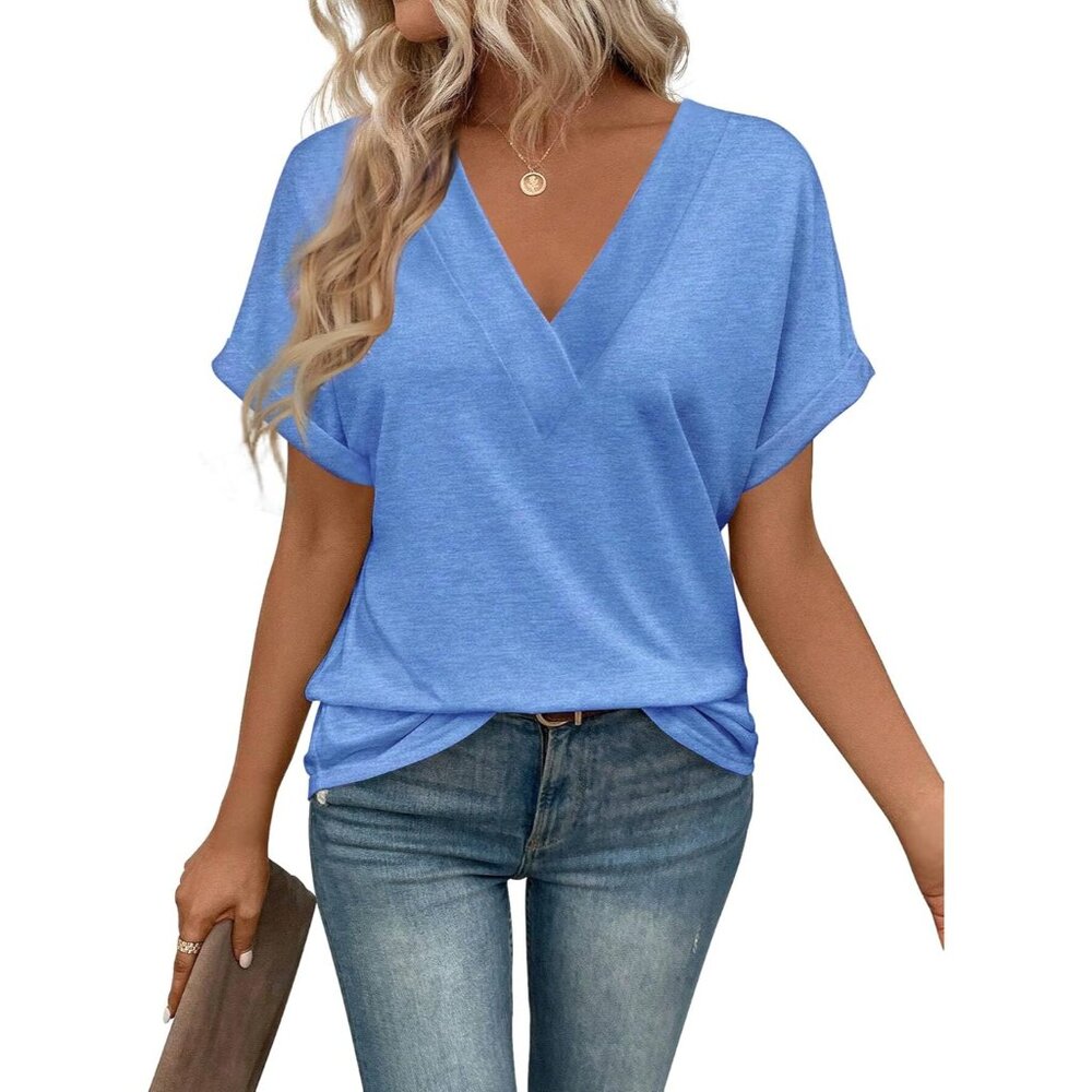 💫 Women Casual V Neck T Shirts Blue Summer Spring Vacation Fashion Clothes Top